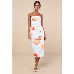LULU's Strapless Floral Midi Dress in Sky Blue with Orange Blooms NWT Size M